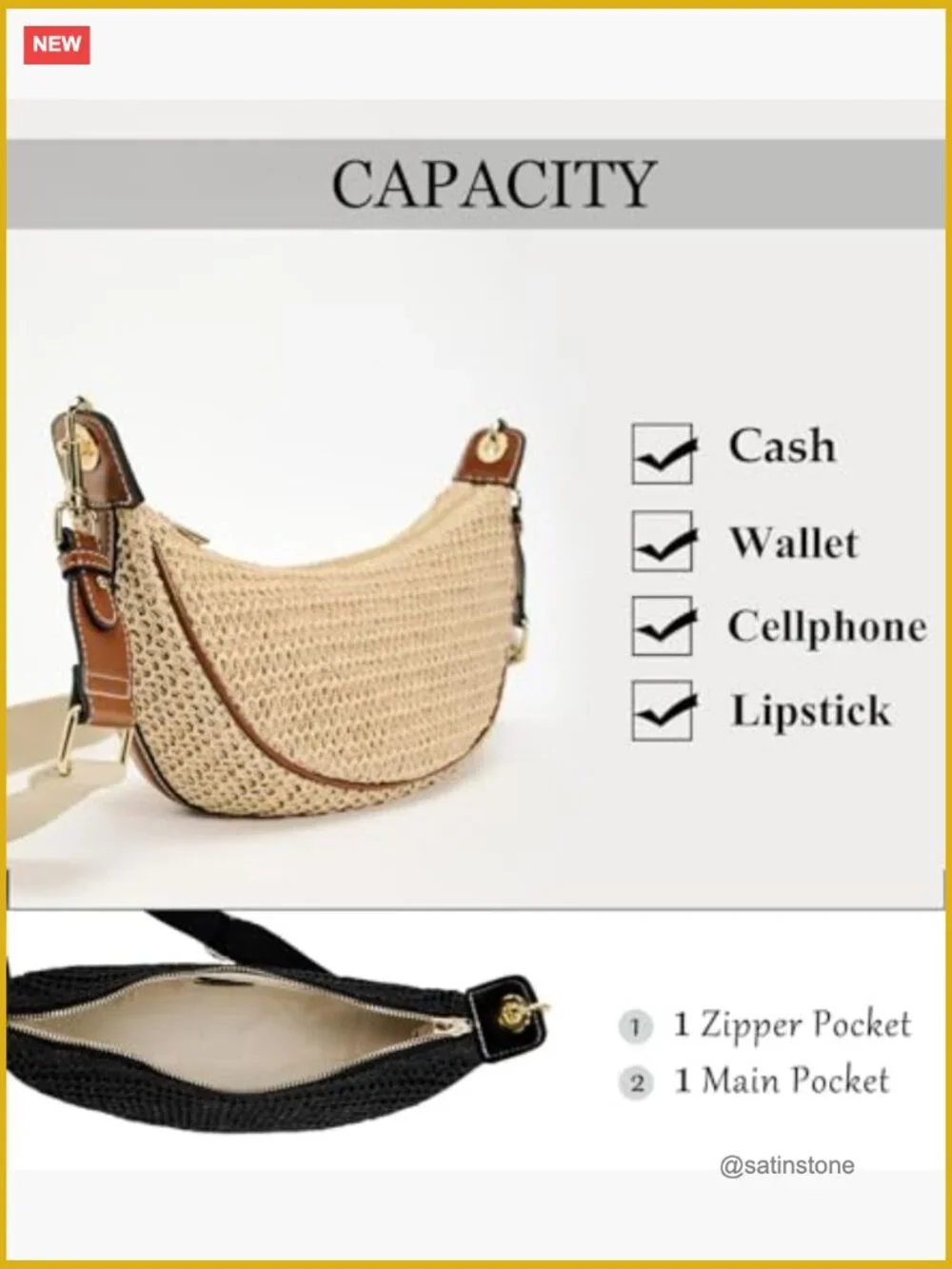 Straw Woven Crescent Hobo Crossbody Bag with Adjustable Strap - Picture 5 of 7